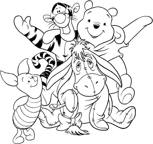 Desenho de Ursinho Pooh e seus amigos para impresso e colorir