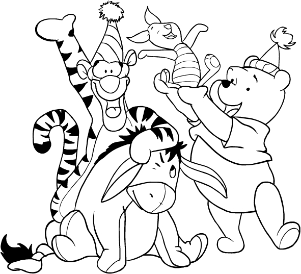 Desenho de Ursinho Pooh e seus amigos celebrating para impresso e colorir