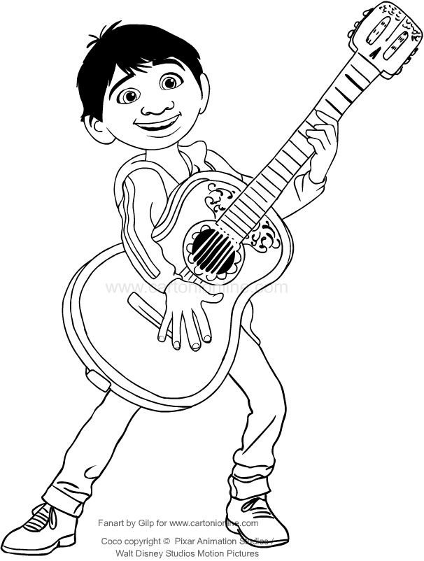 Desenho de Miguel que toca violo (Coco o filme ) para impresso e colorir