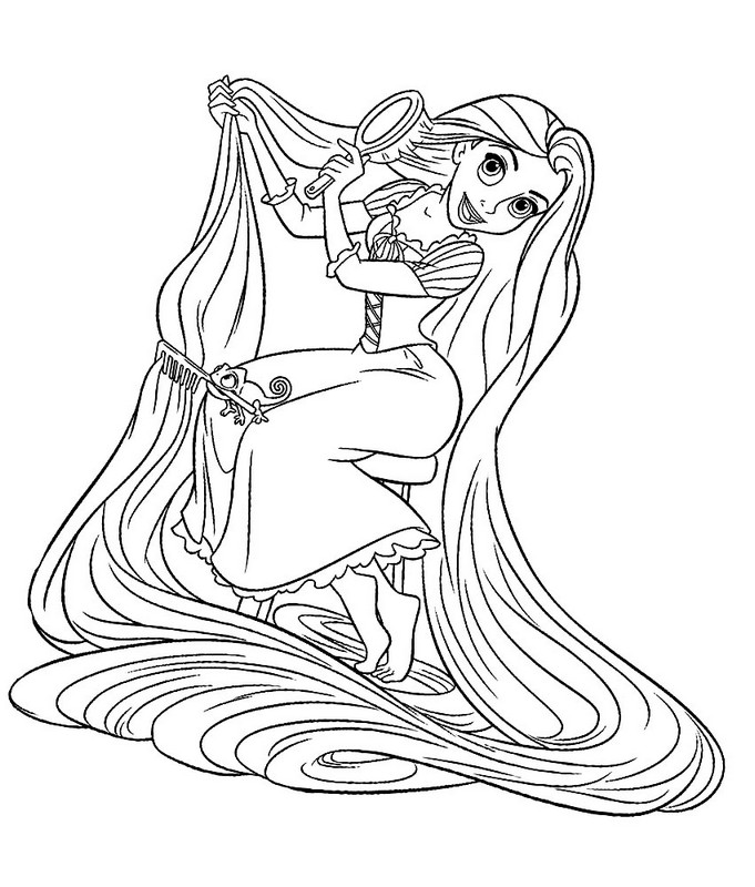 Desenho de Rapunzel penteando o cabelo para impresso e colorir 