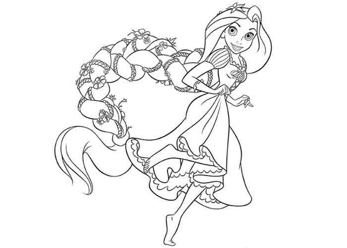 Desenho de Rapunzel com trana correndo para impresso e colorir 