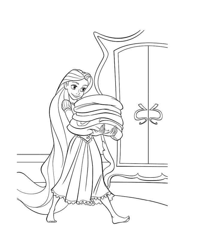 Desenho de Rapunzel que coloca as roupas no guarda-roupa para impresso e colorir 