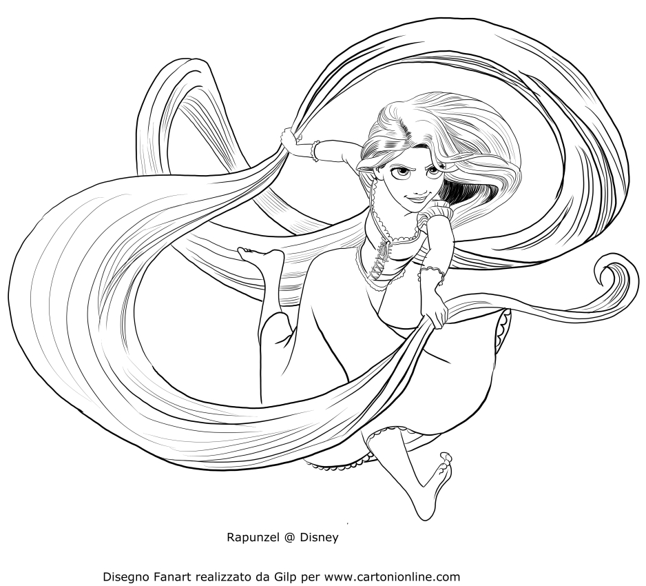 Desenho de Rapunzel lutando com seu cabelo para impresso e colorir 