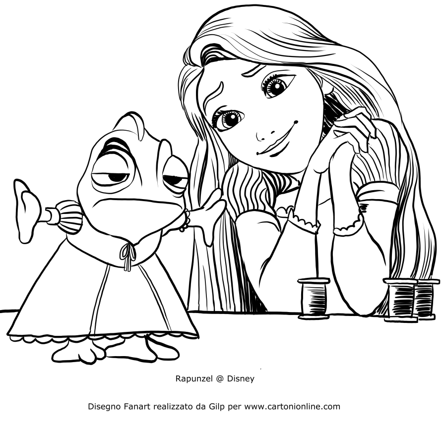 Desenho de Rapunzel que viste a Pascal para impresso e colorir 