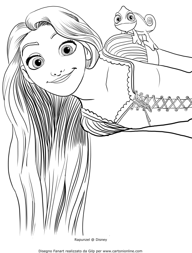 Desenho de Rapunzel com Pascal no ombro para impresso e colorir 