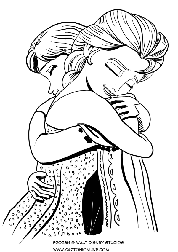 Desenho de Anna e Elsa abrazadas para colorir