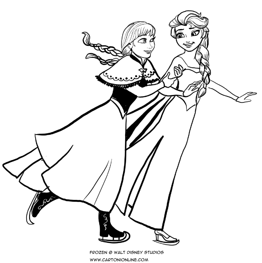 Desenho de Anna e Elsa patinam no gelo para colorir