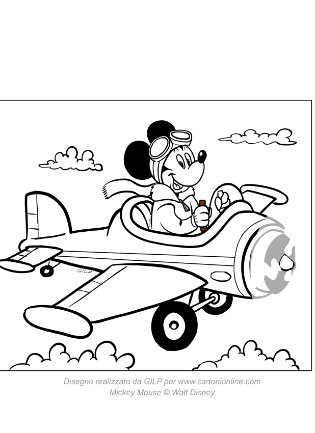 Desenho de Mickey Mouse voando de avio para impresso e colorir 