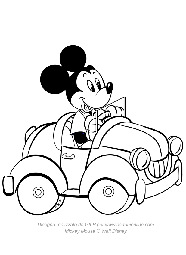 Desenho de Mickey Mouse dirige um carro para impresso e colorir 