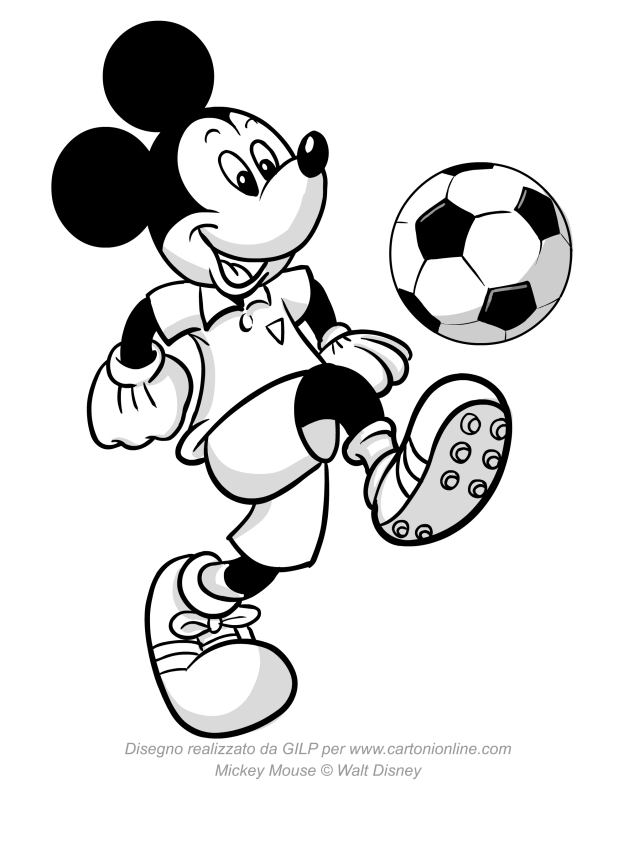 Desenho de Mickey Mouse que chuta com uma bola de futebol para impresso e colorir 