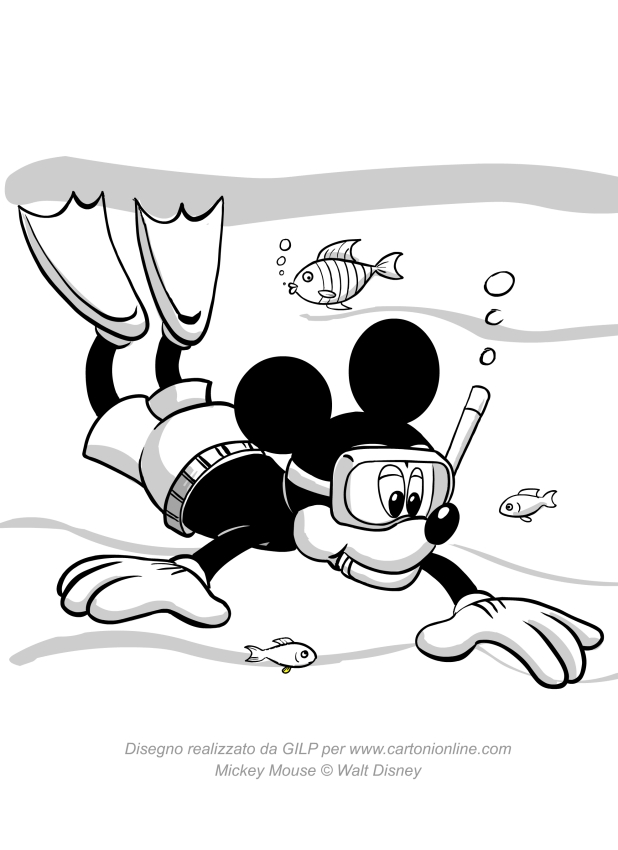 Desenho de Mickey Mouse debaixo d'gua para impresso e colorir 