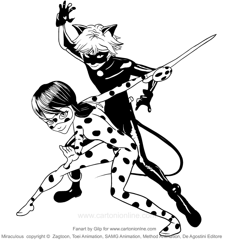 Desenho de LadyBug e Chat_Noir (Miraculous) para impresso e colorir