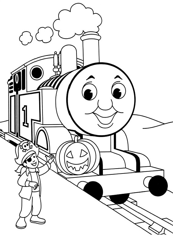 Desenho de o Trem Thomas celebrando o dia das bruxas com uma abbora para impresso e colorir