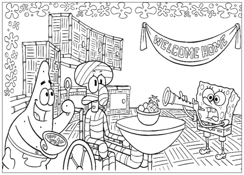 Les coloriages de Bob l'eponge che festeggia Squiddi  imprimer et colorier 