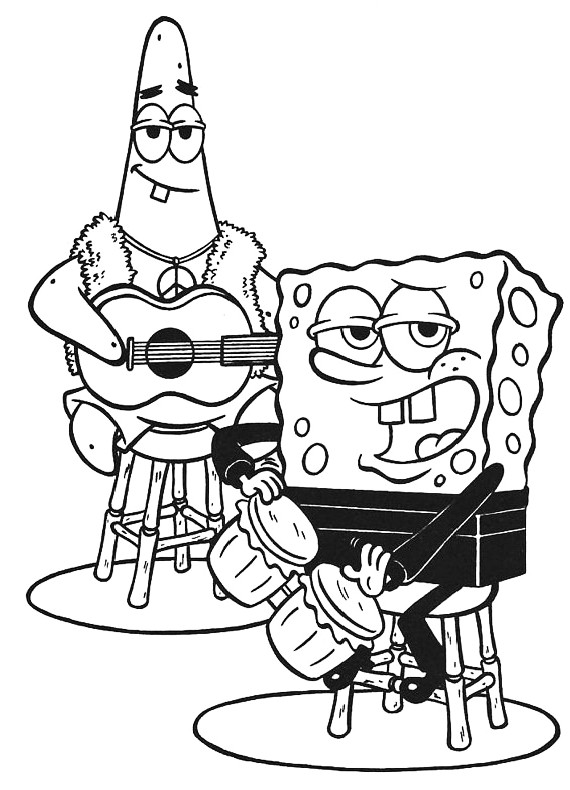 Les coloriages de Bob l'eponge e Patrick che suonano chitarra e bonghetti  imprimer et colorier 