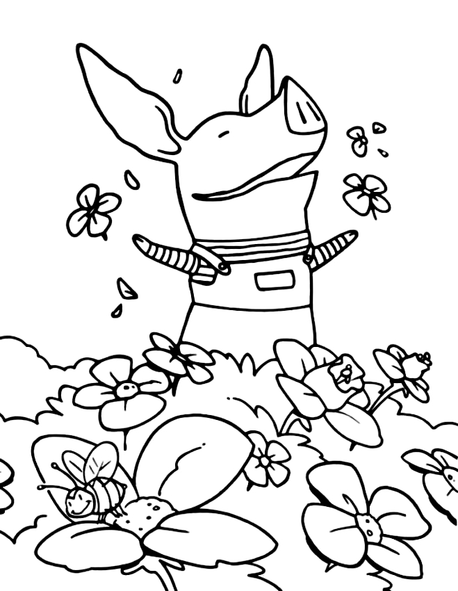 Coloriage de Olivia heureuse parmi les fleurs  imprimer et colorier