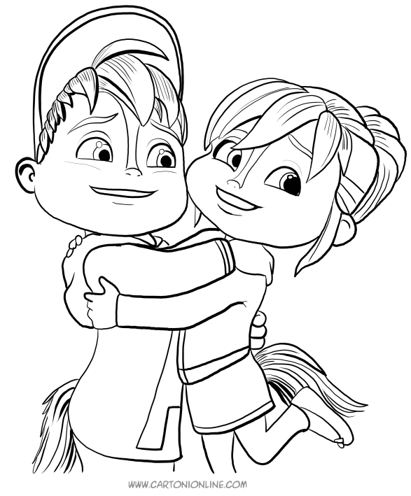 Dibujo de Alvin y Brittany se abrazan para imprimir y colorear