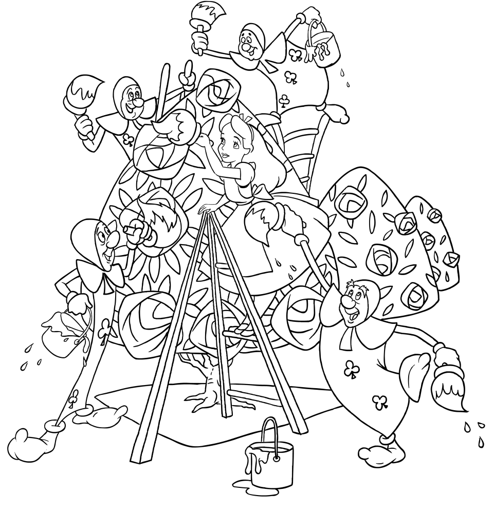 Dibujo de Alicia y los soldados de papel pintando rosas, para imprimir y colorear