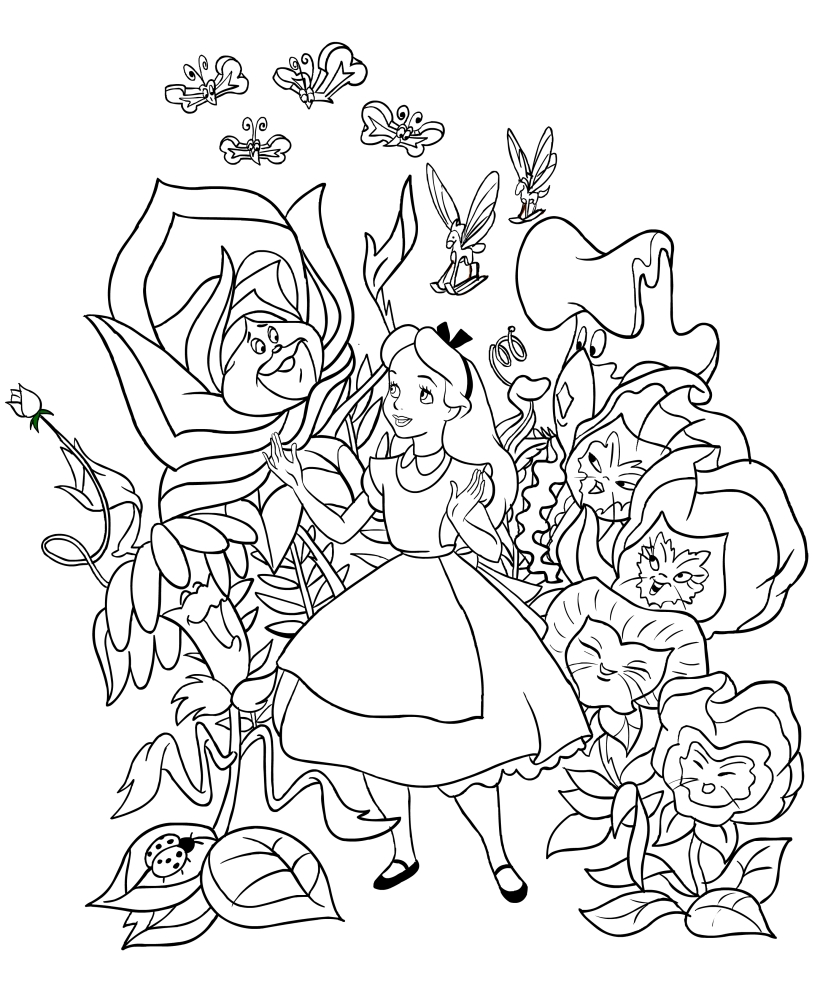 Dibujo de Alicia con flores de cantantes, para imprimir y colorear