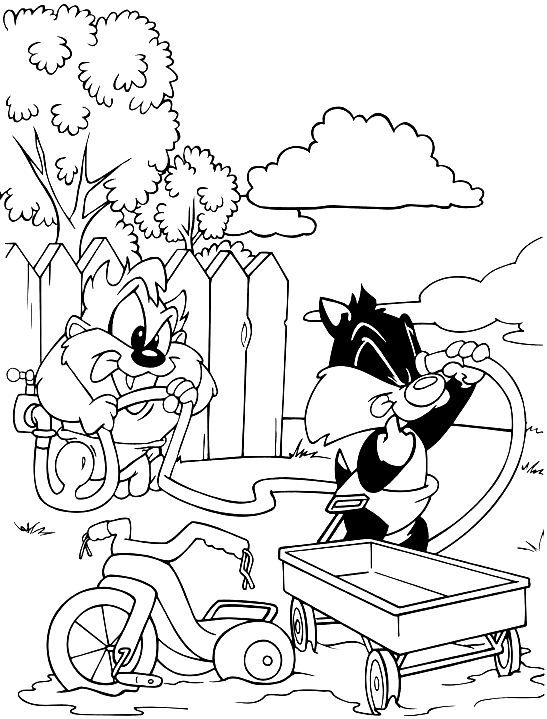 Dibujo de Beb Sylvester quien discute con Beb Taz por la bomba de agua (Baby Looney Tunes) para imprimir y colorear