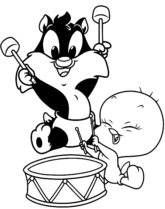 Dibujo de Beb Sylvester y Beb Piolin que tocando el tambor (Baby Looney Tunes) para imprimir y colorear