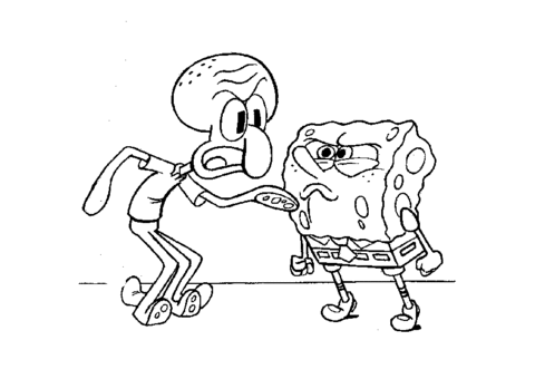 Dibujo de Bob Esponja che litiga con Squiddi para imprimir y colorear 