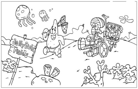 Dibujo de Bob Esponja, Patrick e Squiddi nel parco di Jellyfish para imprimir y colorear 