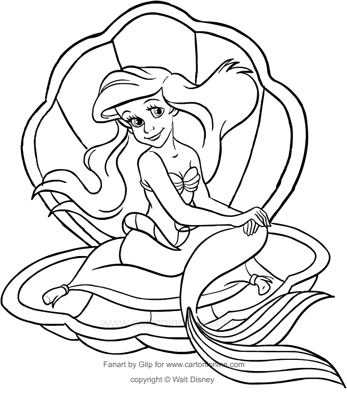Dibujo de Ariel dentro del caparazn (la sirenita) para imprimir y colorear