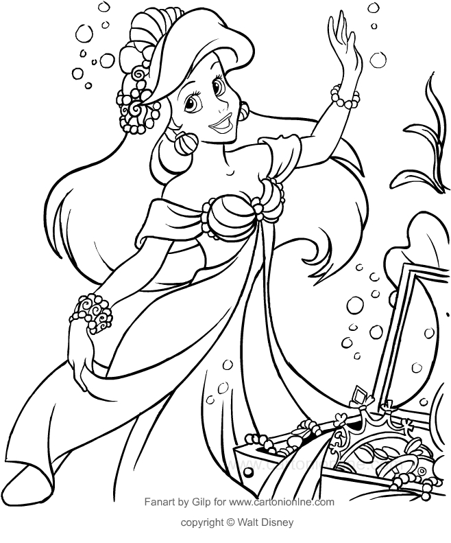 Dibujo de Ariel con los tesoros del mar (la sirenita) para imprimir y colorear