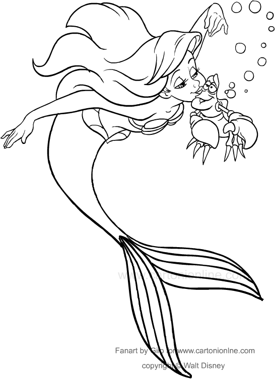 Dibujo de Ariel besando al cangrejo Sebastin (la sirenita) para imprimir y colorear
