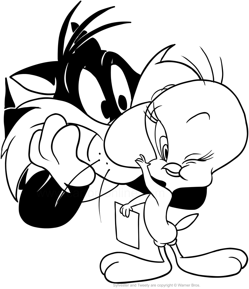 Dibujo de Piolin que quiere mostrar una fotografa a Sylvester para imprimir y colorear