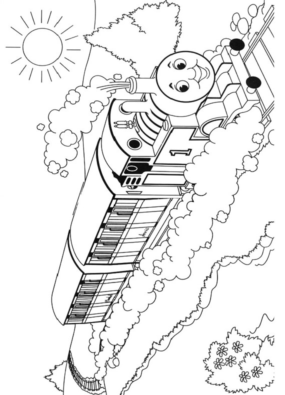 Dibujo de el tren Thomas viajando por las vas para imprimir y colorear