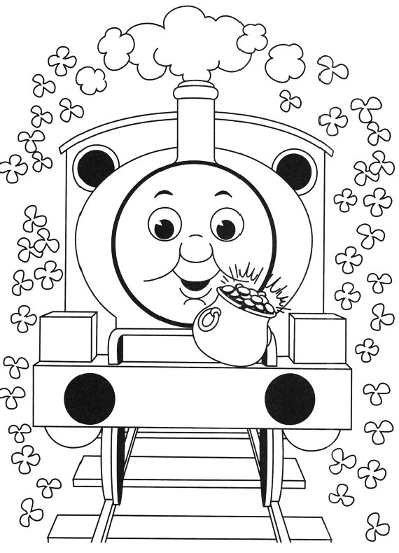 Dibujo del tren Thomas rodeado de flores para imprimir y colorear