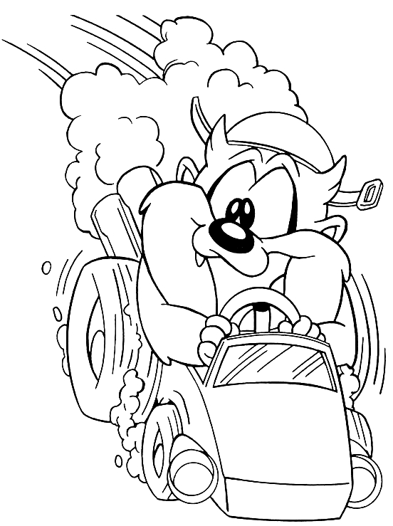 Disegno di Baby Taz che corre sulla sua macchinina (Baby Looney Tunes) da stampare e colorare