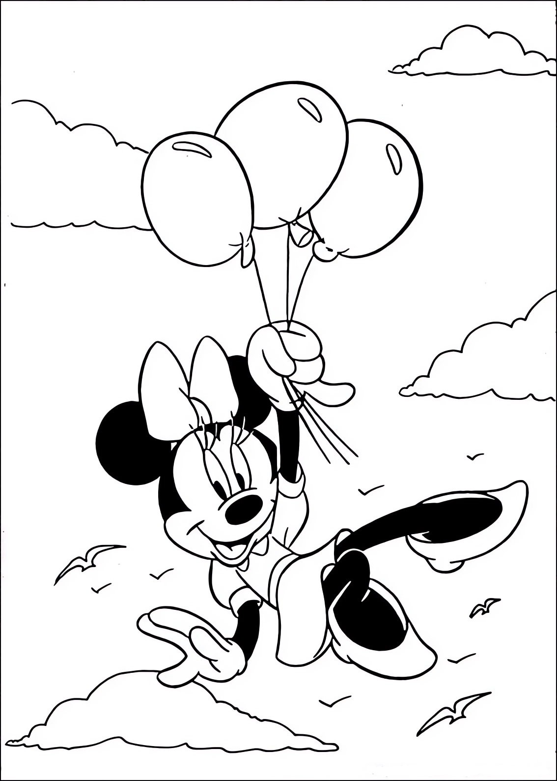 Disegno da colorare di Minnie che vola con i palloncini 
