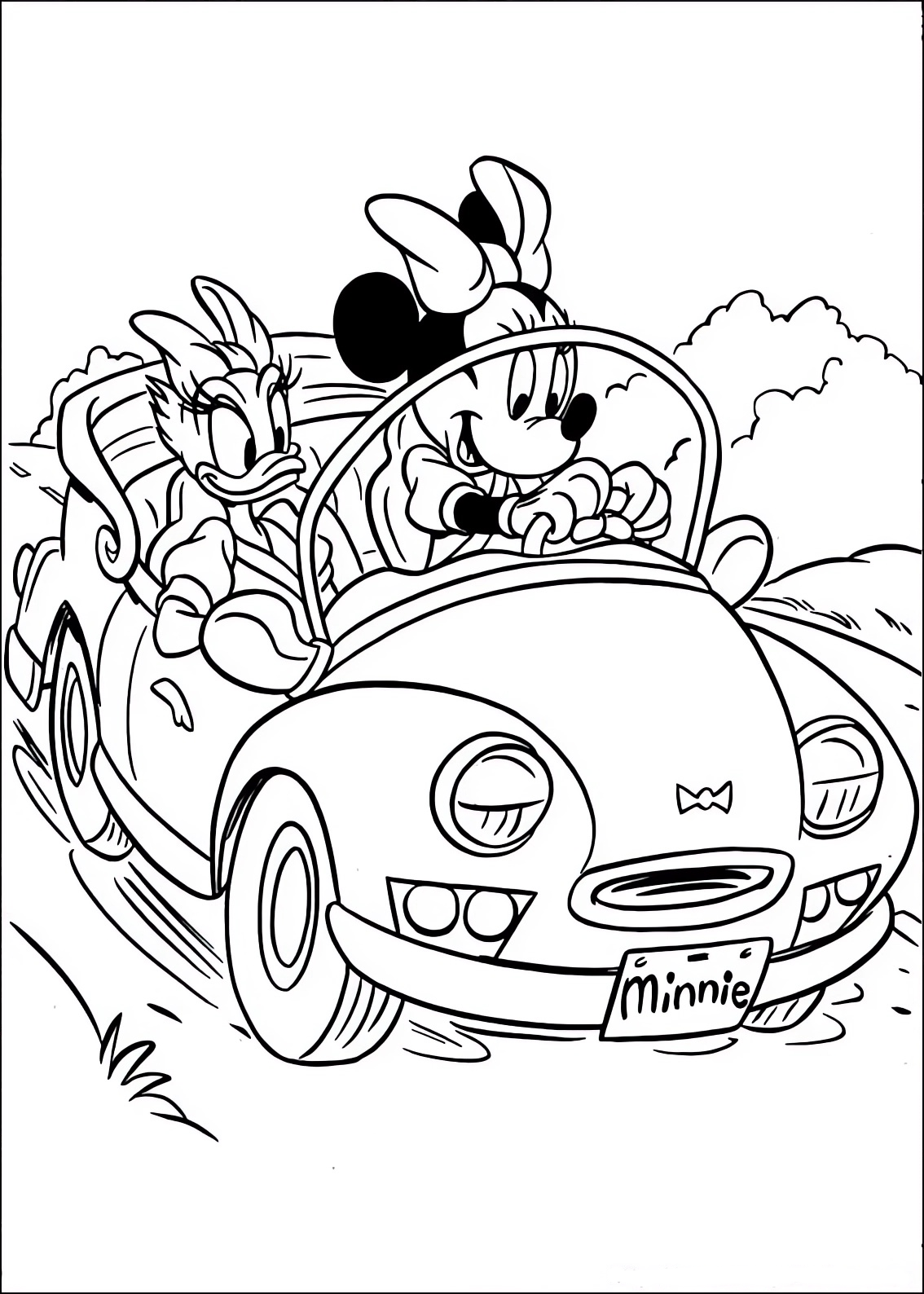 Disegno da colorare di Minnie e Paperina Daisy in auto vanno a fare shopping 