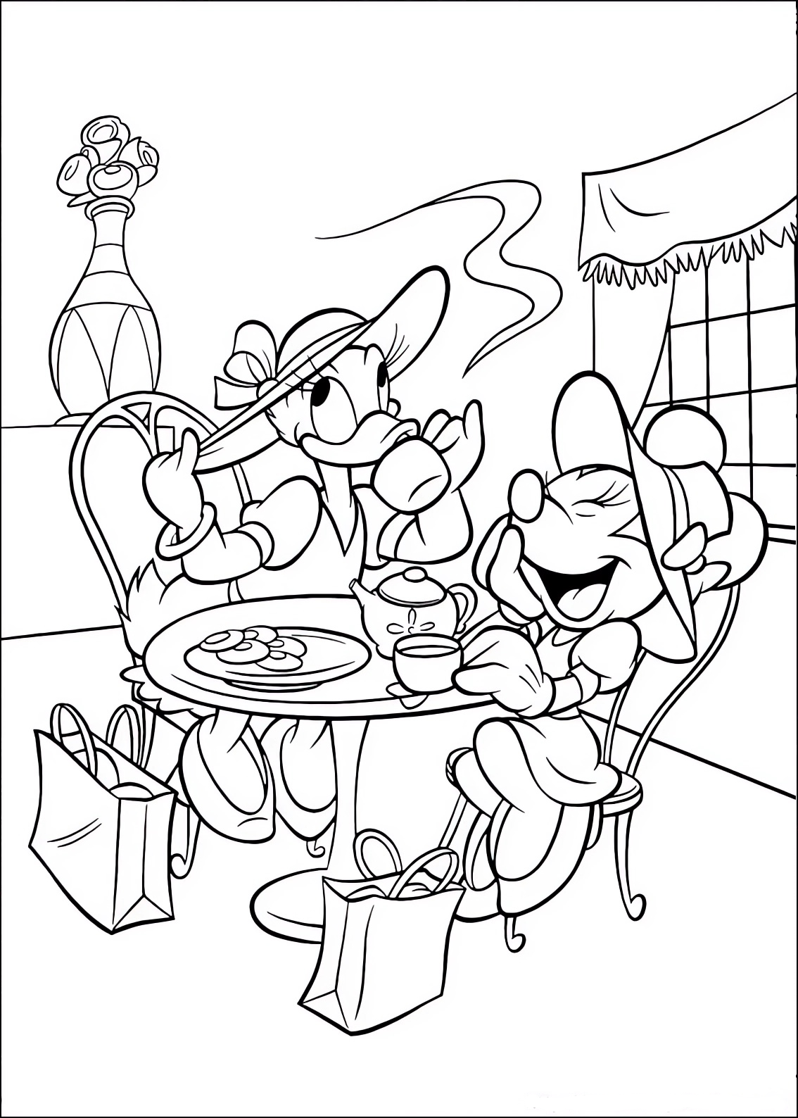 Disegno da colorare di Minnie e Paperina Daisy fanno merenda 