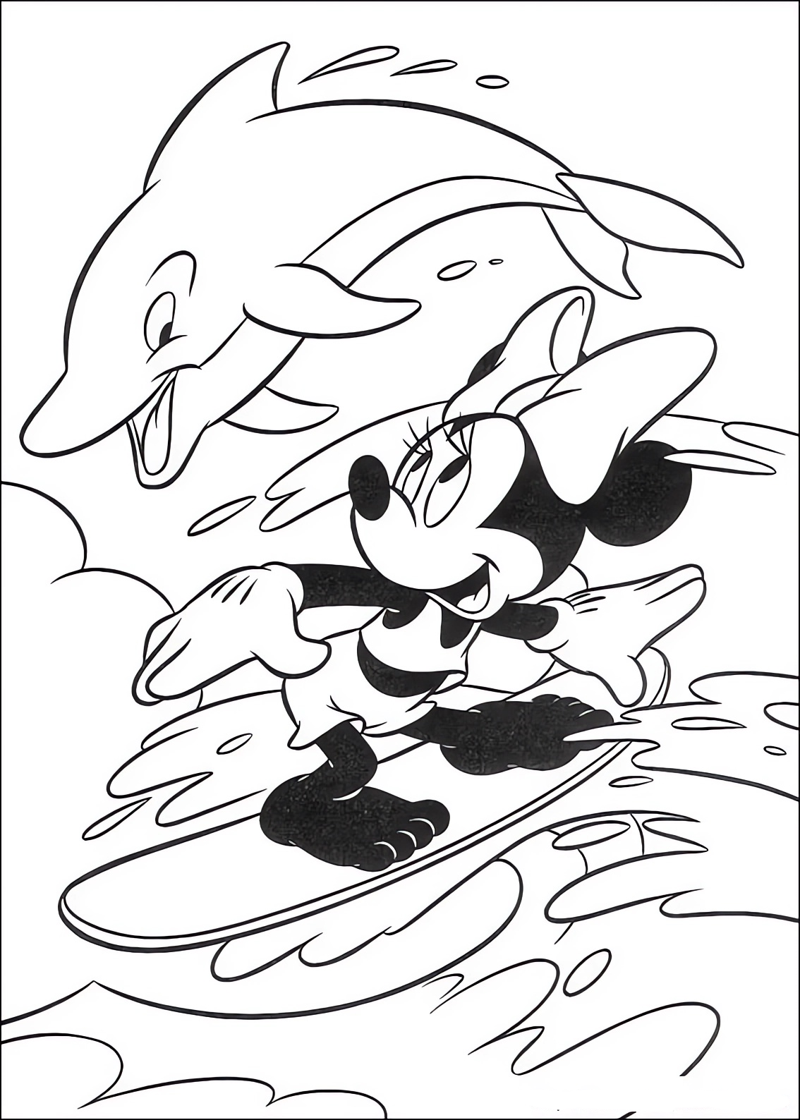 Disegno da colorare di Minnie sul surf con il delfino 
