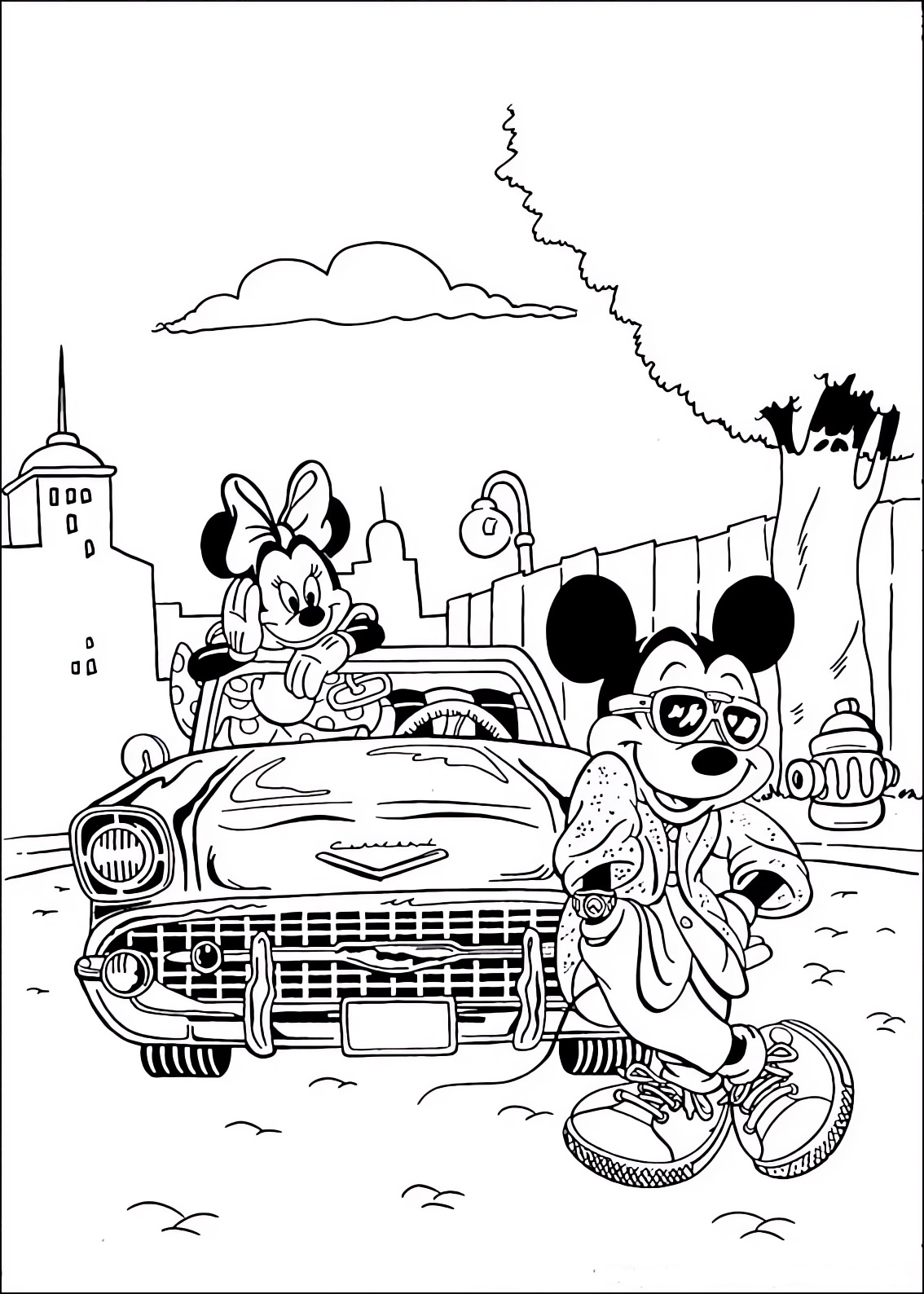 Disegno da colorare di Minnie e Topolino (Mickey Mouse) con l'auto e l'abbigliamento cool  