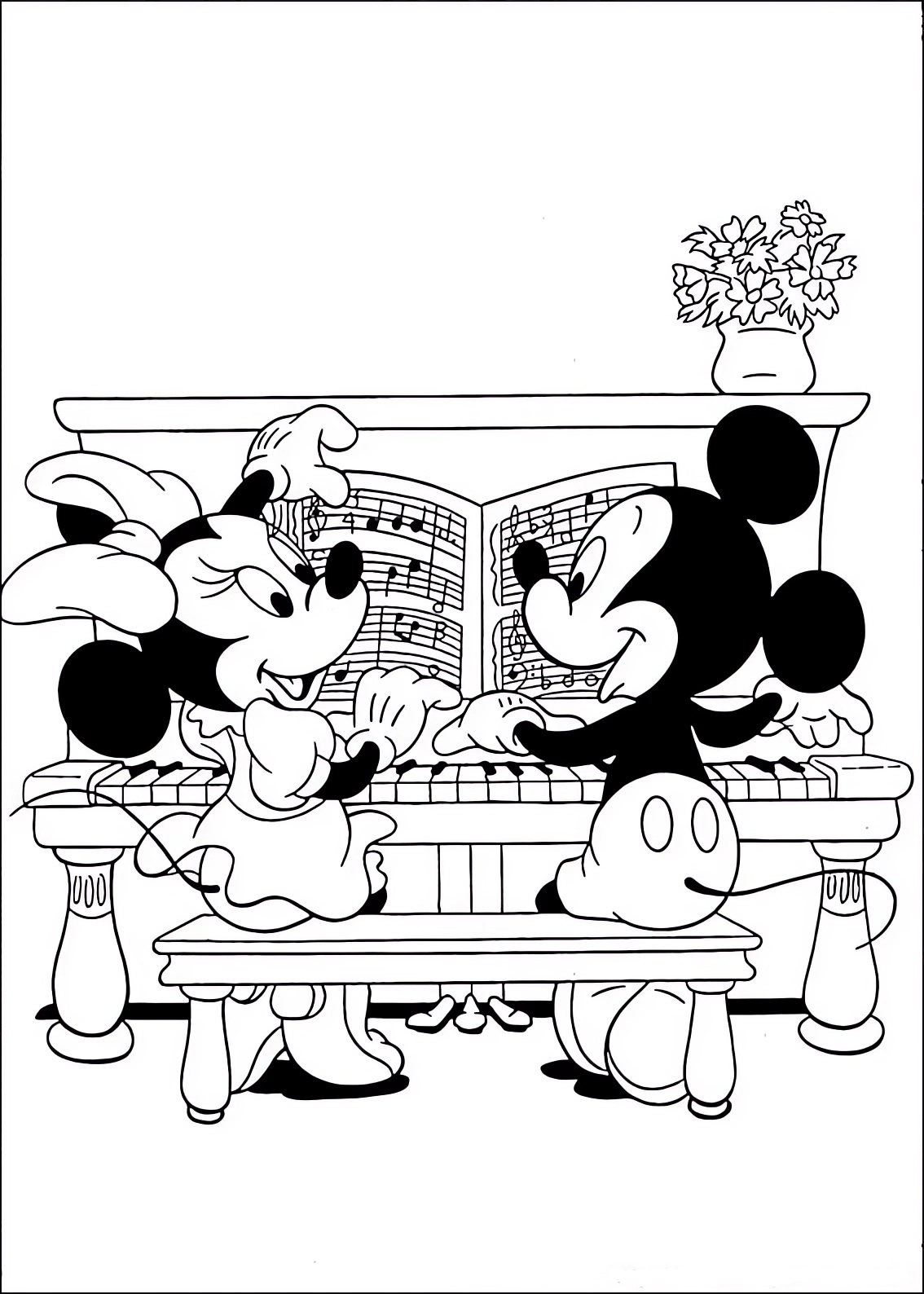Disegno da colorare di Minnie e Topolino (Mickey Mouse) che suonano il pianoforte  