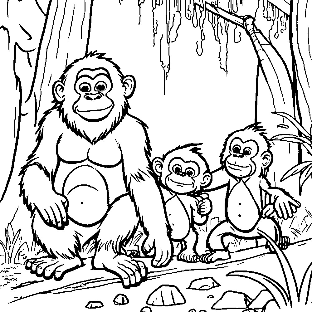 Disegno di cuccioli di Orangotango in stile cartoon da stampare e colorare