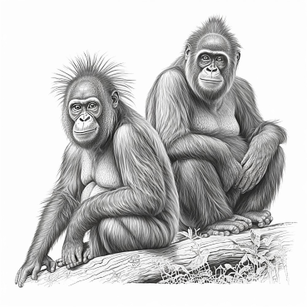 Disegno di coppia di Orangotango in stile realistico da stampare e colorare