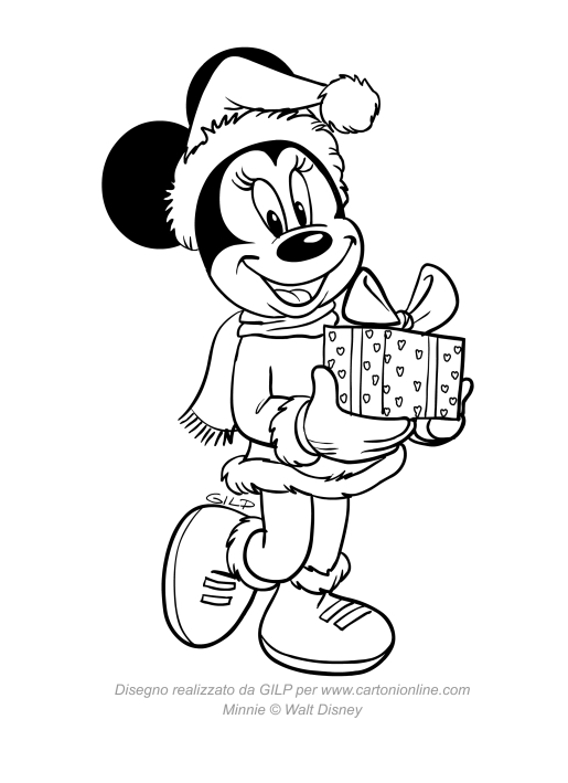 Disegno da colorare di Minnie con il cappello di Babbo Natale e un regalo   