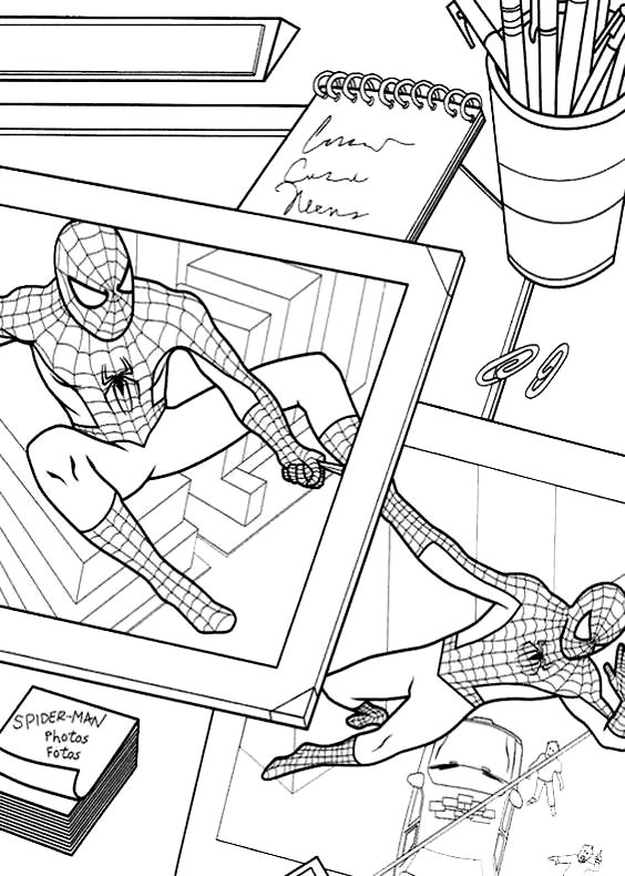 Drawing Spiderman in Peter Parker's self-portrait photos coloring pages printable for kids 