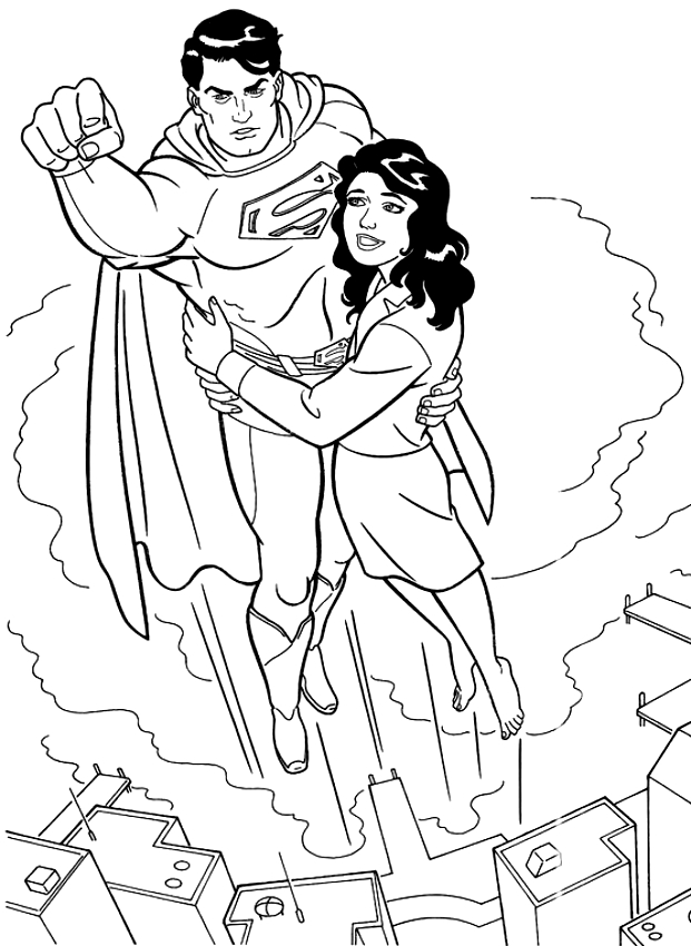 Drawing Superman and Lois Lane in flight sulla citt coloring pages printable for kids 