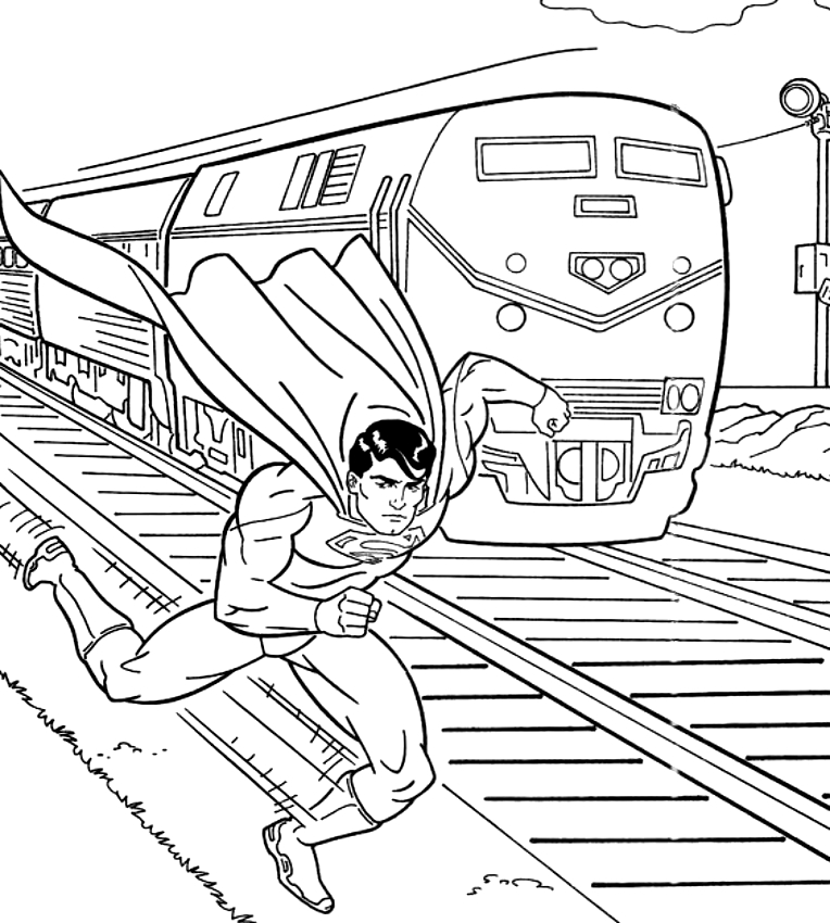 Drawing Superman runs faster than the train coloring pages printable for kids 