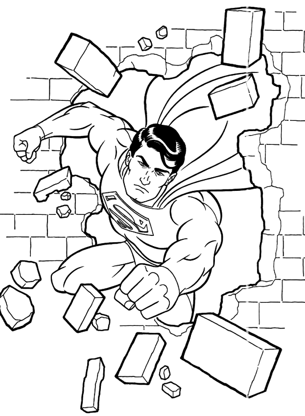 Drawing Superman who breaking a wall coloring pages printable for kids 