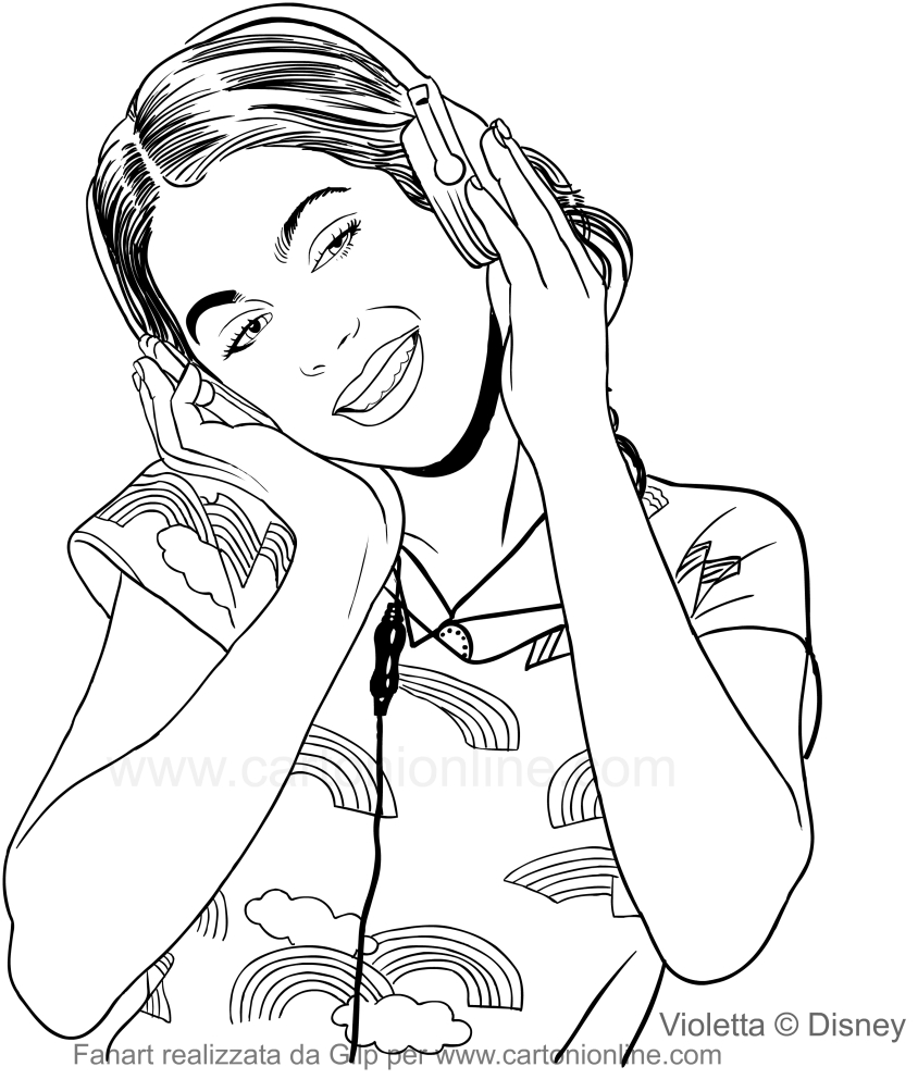 Drawing Violetta listening the music with headphones coloring pages printable for kids