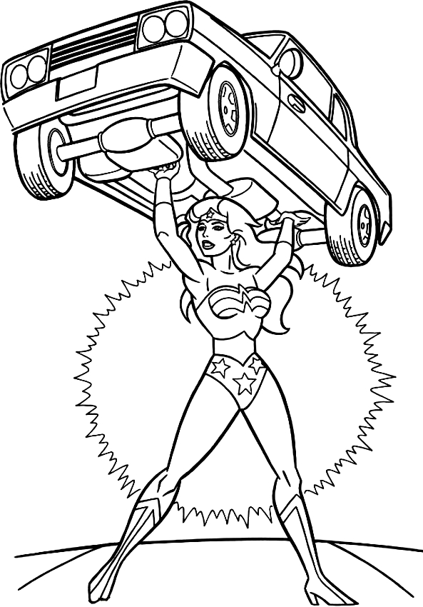 Drawing of Wonder Woman che solleva un auto to print and coloring