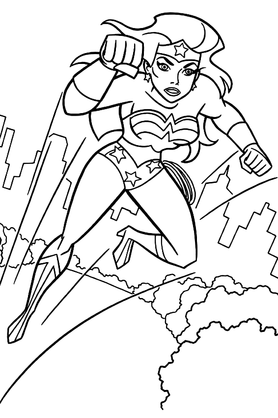 Drawing of Wonder Woman che vola to print and coloring